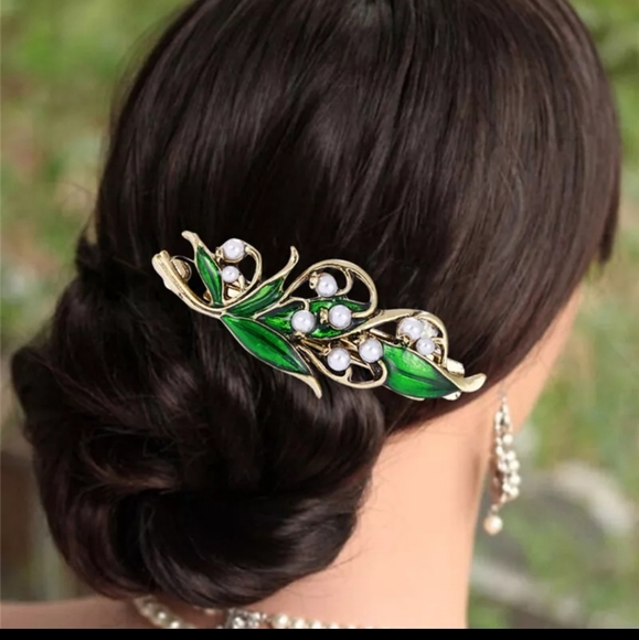 @htraude ❤️NWT Lily of The Valley Hair Clip  Bronze Pearls&Enamel. - Picture 1 of 15